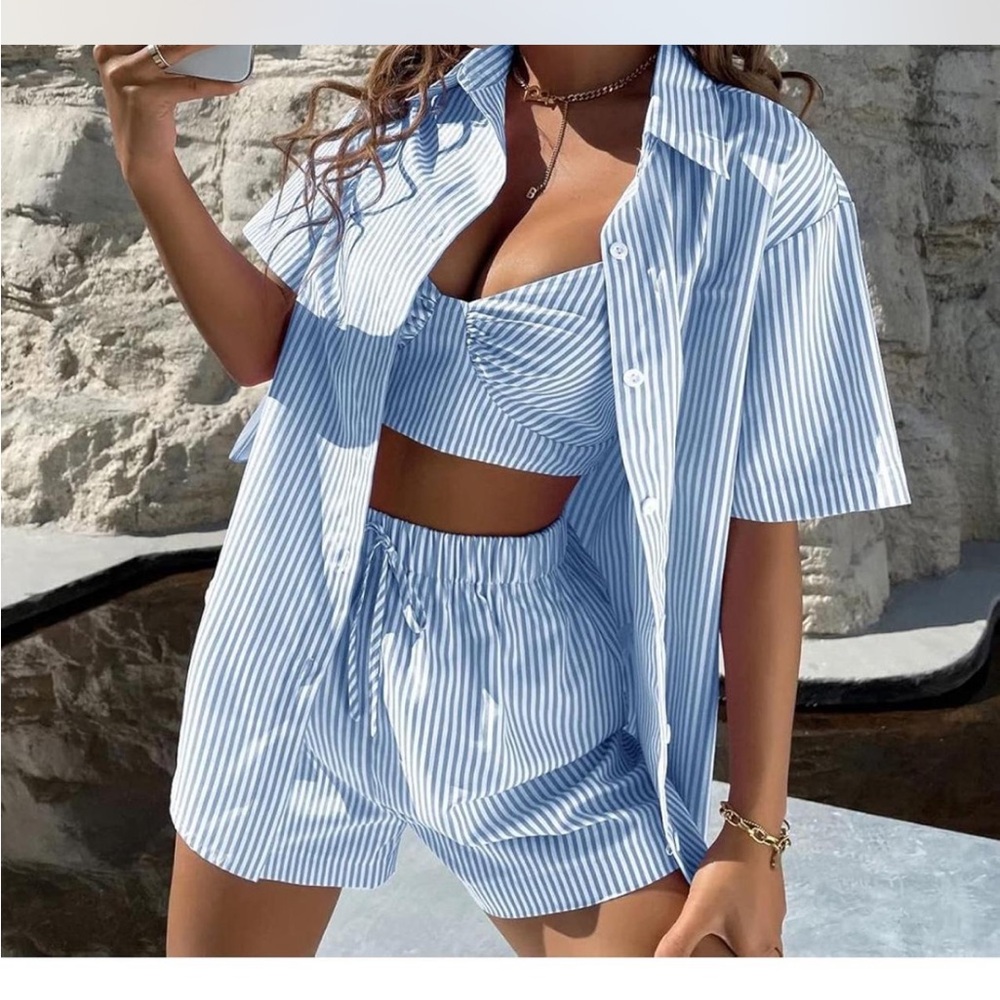 Blue and White Striped Two-Piece Set